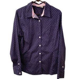 LL Bean Blouse Shirt Navy Pink Polka Dots Button Down Breast Pocket WM SZ XL